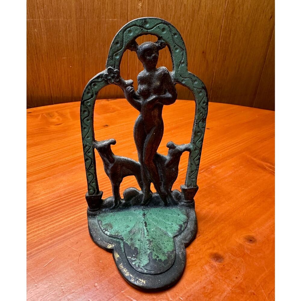 Antique Art Deco Bookend - Bronzed Nude with Greyhounds and Green Paitina